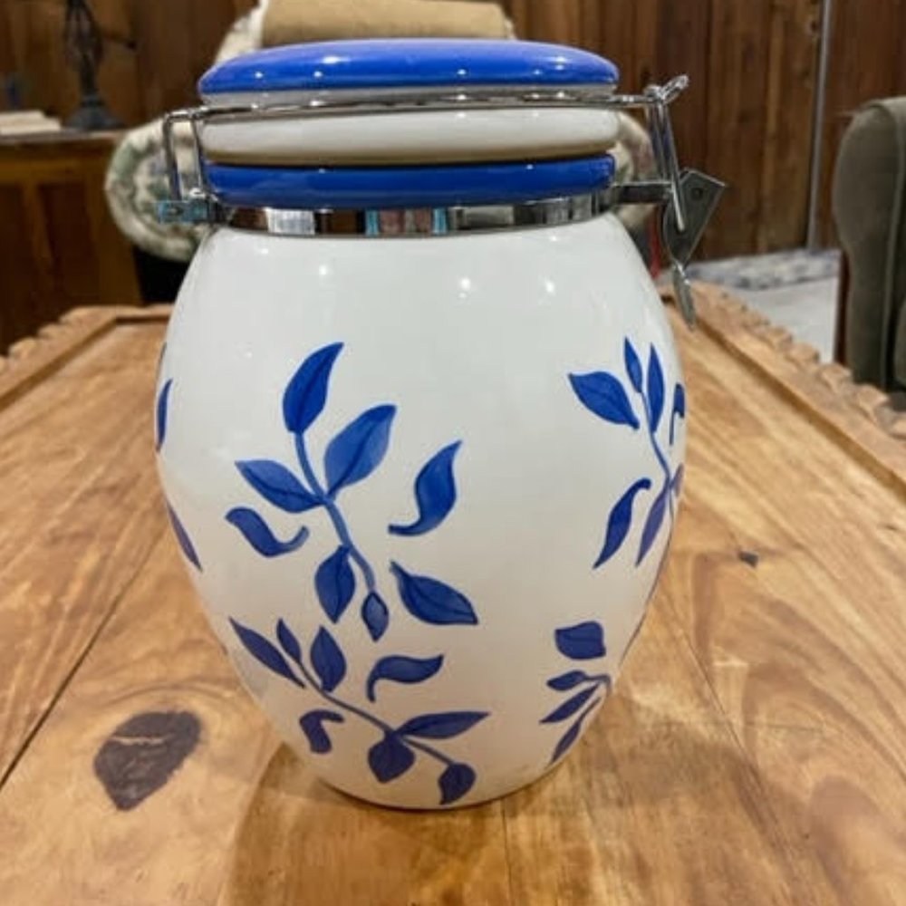 Vintage Lidded Cookie Latched Suction Container Hand Painted Large Snack Jar Mad